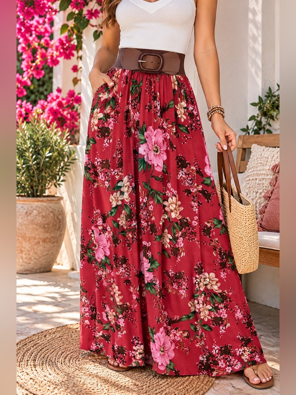 Lida Red Floral Maxi Skirt Wide Brown Belt Boho Resort